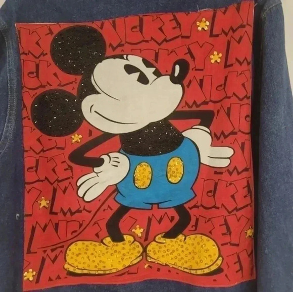 Mickey & Co , Upcycled  Denim Jacket Mickey Mouse Embellished Back Patch - Picture 8 of 10